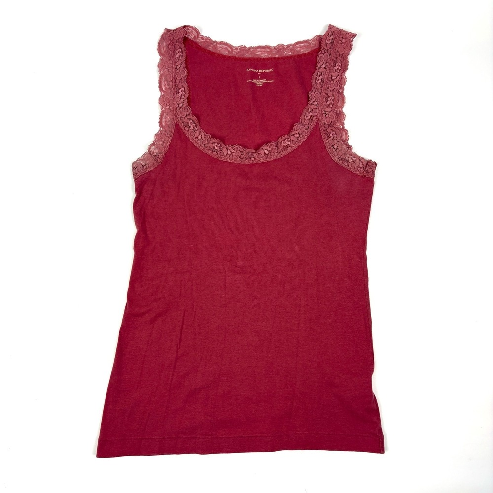 VTG Y2K Banana Republic Lace Trim Tank Top Womens Sz L Pink Mauve Romantic